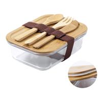 Lunchbox - glas - bamboe deksel - met bestek - 17 x 13 x 7 cm