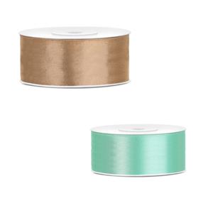 Bellatio decorations 2x rollen satijn cadeaulint/sierlint - 2.5 cm x 25 meter - mintgroen en goud