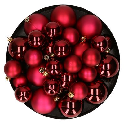 Kerstversiering kunststof kerstballen donkerrood 6-8-10 cm pakket van 44x stuks