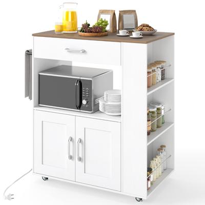 Rolbaar Keukeneiland Mobiele Keukenwagen met Vergrendelbare Wielen Geïntegreerd Oplaadstation aan Beide Zijden Open Vak Wit