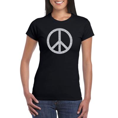 Flower Power Peace teken t-shirt - Zwart - zilveren glitter - voor dames - Sixties - Hippie thema