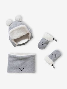 Set voor baby met muts chapka beer + snood + wanten lichtgrijs