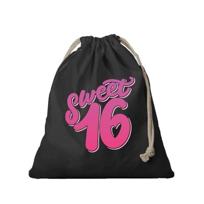 1x Canvas cadeautasje verjaardag Sweet 16 zwart met koord 25 x 30 cm
