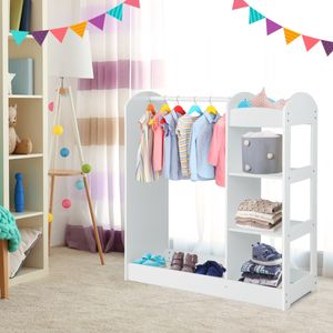 Kindergarderobe met Spiegel Kinderkledingkast van Hout met Kleerhangers en 4 Planken 93,5 x 38 x 100 cm Wit