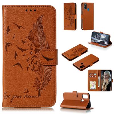 Voor Galaxy M30s Feather patroon Litchi textuur horizontale Flip lederen draagtas met houder & portemonnee & kaartsleuven (bruin)