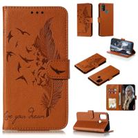 Voor Galaxy M30s Feather patroon Litchi textuur horizontale Flip lederen draagtas met houder & portemonnee & kaartsleuven (bruin)