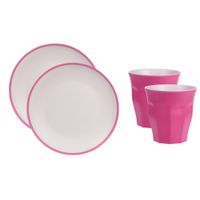 8-delige serviesset onbreekbare kunststof/melamine roze ontbijt bordjes/bekers - thumbnail