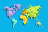 Karo-art Schilderij - Geometrische wereldkaart, Gekleurde continenten, 2 maten, Premium print - thumbnail