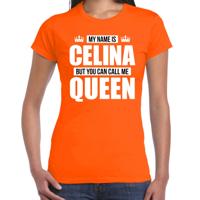 Naam cadeau t-shirt - my name is Celina - but you can call me Queen - oranje - dames - koningsdag