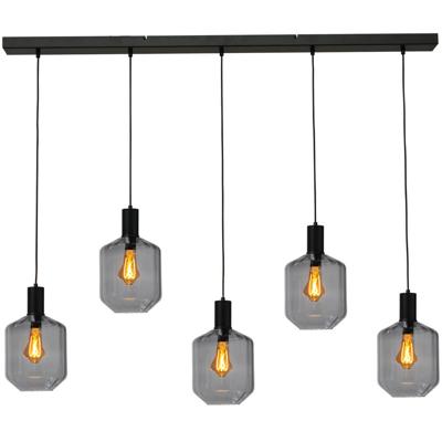 Masterlight 5-lichts hanglamp - zwart -Porto met Jagger smoke glazen - 2711-05-05-130-5-11