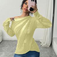 Bon&Bon Women's Asymmetrical Neck Hollow Knit Sweater - Grey Slim Fit Yellow / XS