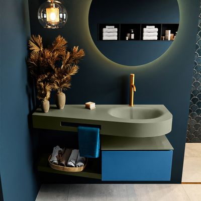 MONDIAZ RIVA 120cm badmeubel onderkast / planchet kleur Jeans met 1 lade. Wastafel DULCET rechts 1 kraangat kleur Army. MONDIAZ RIVA 120cm badmeubel onderkast / planchet kleur Jeans met 1 lade. Wastafel DULCET rechts 1 kraangat kleur Army.