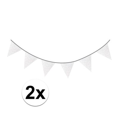 2x Zilveren glitter vlaggenlijnen 6 meter