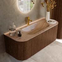 Badmeubel Mondiaz Kurve-Dlux | 120 cm | Meubelkleur Walnut | Wastafelkleur Arena | Solid surface | Wasbak midden spoelbak | 1 kraangat