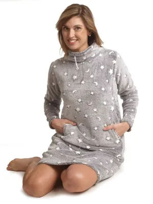 Cocodream Fleece nachthemd dames - Night - Warm winter nachthemd - Hoge hals - Lange mouwen