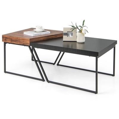 Set van 2 Salontafels Moderne Zwart en Bruin Stapelbare Bijzettafel met Gepoedercoate Metalen Poten Trapeziumvormige Nesttafel