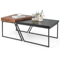 Set van 2 Salontafels Moderne Zwart en Bruin Stapelbare Bijzettafel met Gepoedercoate Metalen Poten Trapeziumvormige Nesttafel