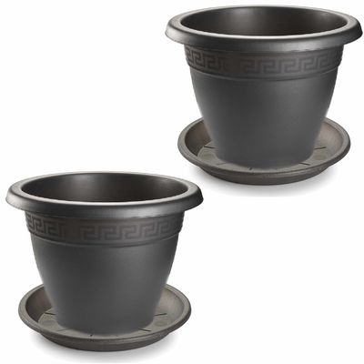 3x stuks bloempotten met onderschaal antraciet grijs rond diameter 20 cm