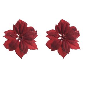 2x stuks decoratie bloemen kerstster rood glitter op clip 24 cm