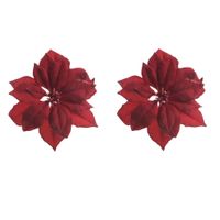 2x stuks decoratie bloemen kerstster rood glitter op clip 24 cm - thumbnail