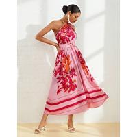 Satijnen maxi-jurk met bloemengesp en één schouder - thumbnail