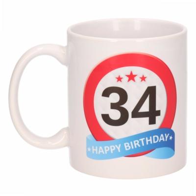 34 jaar Verjaardag koffiemok - cadeau beker - stopbord print - 300 ml - keramiek - wit