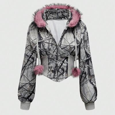 Bon&Bon Women's Grey Leopard Print Faux Fur Collar Zip Up Hoodie Multicolor / M