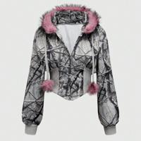 Bon&Bon Women's Grey Leopard Print Faux Fur Collar Zip Up Hoodie Multicolor / M