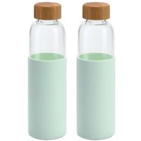 2x Stuks glazen waterfles/drinkfles met mint groene siliconen bescherm hoes 600 ml - Drinkflessen - thumbnail