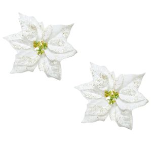 2x stuks decoratie bloemen kerstster wit glitter op clip 20 cm