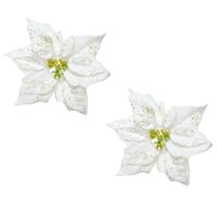 2x stuks decoratie bloemen kerstster wit glitter op clip 20 cm - thumbnail