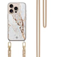 iPhone 16 Pro hoesje met beige koord - Marmer goud