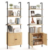 3-laags Boekenrek met Rieten Kast 184 cm Wandmontage Ladderrek Open Presentatie Rek