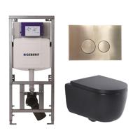 QeramiQ Dely Swirl Toiletset - 36.3x51.7cm - Geberit UP320 Burda inbouwreservoir - 35mm zitting - geborsteld messing bedieningsplaat - ronde knoppen - mat zwart 0701131/SW706200/SW1000769/SW106258