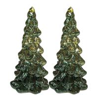 Kerstboom beeldje - 2x - groen - met LED licht - 20 cm - glas - decoratie kerstboompje