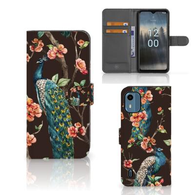 Nokia C12 | Telefoonhoesje | Met pasjeshouder | Pauw met Bloemen