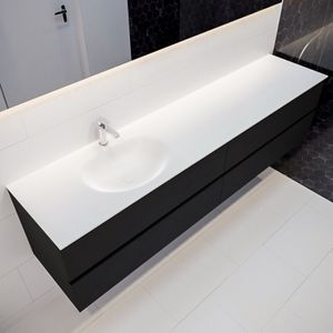 Mondiaz Vica Moon badmeubel zwart mat 200 cm 4 lades solid surface enkele spoelbak links 1 kraangat