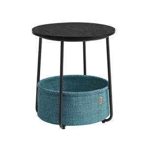 Ronde bijzettafel met stoffen mand, Zwart houtlook donker turquoise