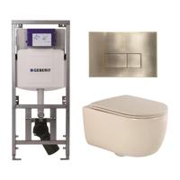QeramiQ Dely Swirl Toiletset - 36.3x51.7cm - Geberit UP320 Burda inbouwreservoir - slim zitting - geborsteld messing bedieningsplaat - rechthoekige knoppen - beige 0701131/SW706201/SW1000770/SW1026259