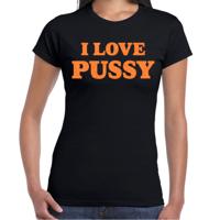 Foute party t-shirt dames - I love pussy - zwart - glitter oranje - carnaval/themafeest - thumbnail