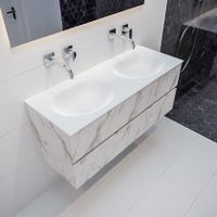 Mondiaz Vica Moon badmeubel wit carrara mat 120 cm 2 lades solid surface dubbele spoelbak zonder kraangat