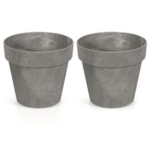 Bloempot/plantenpot - 2x - betonlook - grijs - kunststof - Dia 25 cm