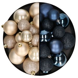 Kerstballen 60x stuks - mix donkerblauw/champagne - 4-5-6 cm - kunststof