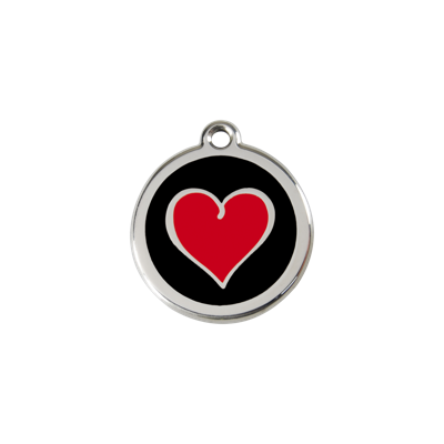 Heart Black Black / Red roestvrijstalen hondenpenning small/klein dia. 2 cm - Reddingo