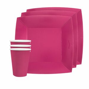 Feest/verjaardag servies set 10x bordjes en bekertjes - fuchsia roze - karton