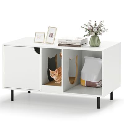 100 cm Kattenbakmeubel Verwijderbare Krabpaal Binnenkattenmeubel met 2 Compartimenten Modern Houten Meubel voor Katten