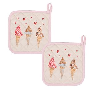 HAES DECO - Set van 2 Pannenlappen - 20x20 cm - 100% Katoen - Frosty and Sweet