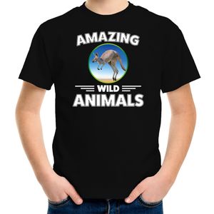 T-shirt kangoeroes amazing wild animals / dieren zwart voor kinderen