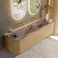 Badmeubel Mondiaz Kurve-Dlux | 170 cm | Meubelkleur Oak | Wastafelkleur Sombra | Solid surface | Wasbak beide zijden spoelbak | Zonder kraangat(en)