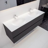 Mondiaz Vica Moon badmeubel antraciet mat 150 cm 2 lades solid surface dubbele spoelbak 2 kraangaten